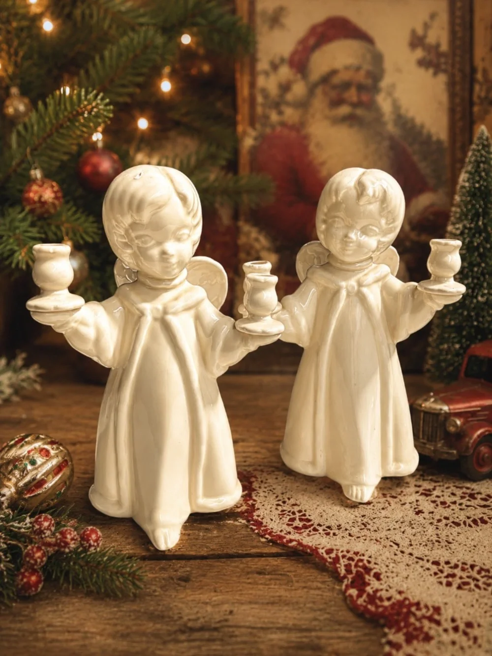 Set of 2 Vintage Ceramic ANGEL Dual CANDLE HOLDER - 13” Tall by 9